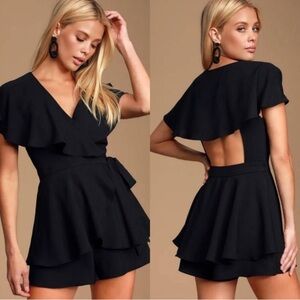 Lulus Aldrin Black Ruffled Backless Wrap Skort Romper Size Large